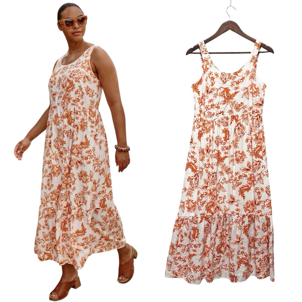 J. Jill Womens Maxi Dress‎ Size XS Sleeveless Scoop Neck Floral Linen Smock Back